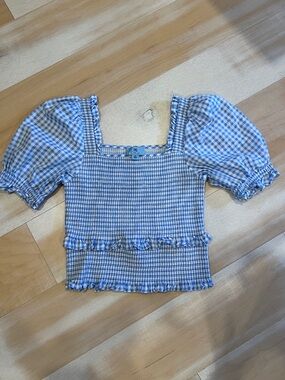 CeCe Blue Gingham Puff-Sleeve Smocked Crop Top